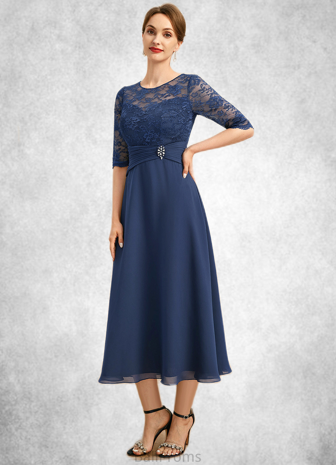 Hortensia A-line Scoop Illusion Tea-Length Chiffon Lace Mother of the Bride Dress With Beading HJP0021826