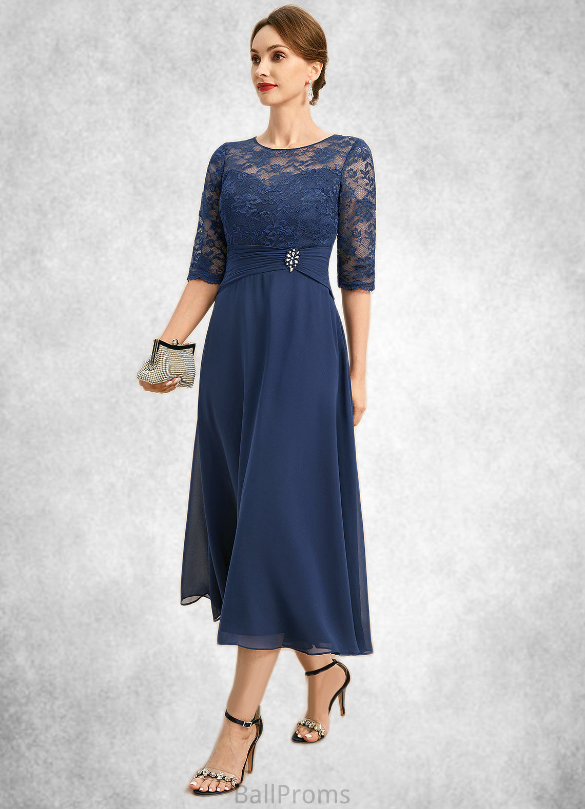 Hortensia A-line Scoop Illusion Tea-Length Chiffon Lace Mother of the Bride Dress With Beading HJP0021826