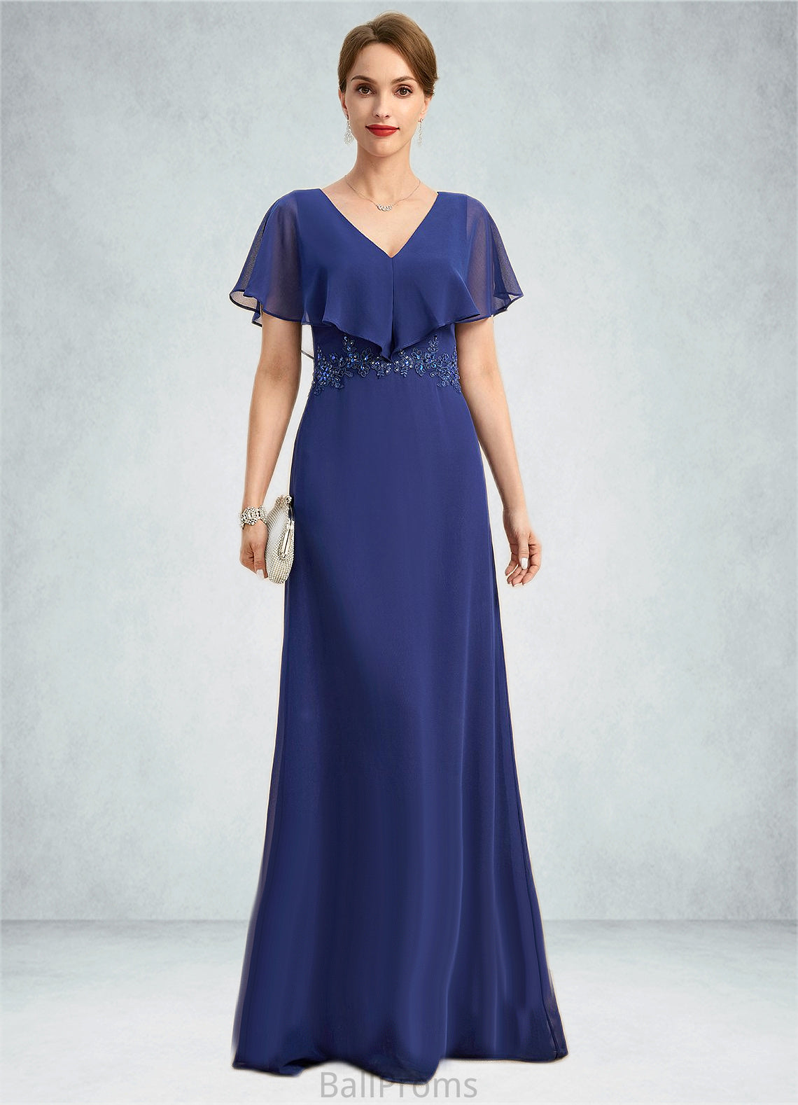 Tianna A-line V-Neck Floor-Length Chiffon Mother of the Bride Dress With Beading Appliques Lace Sequins HJP0021829