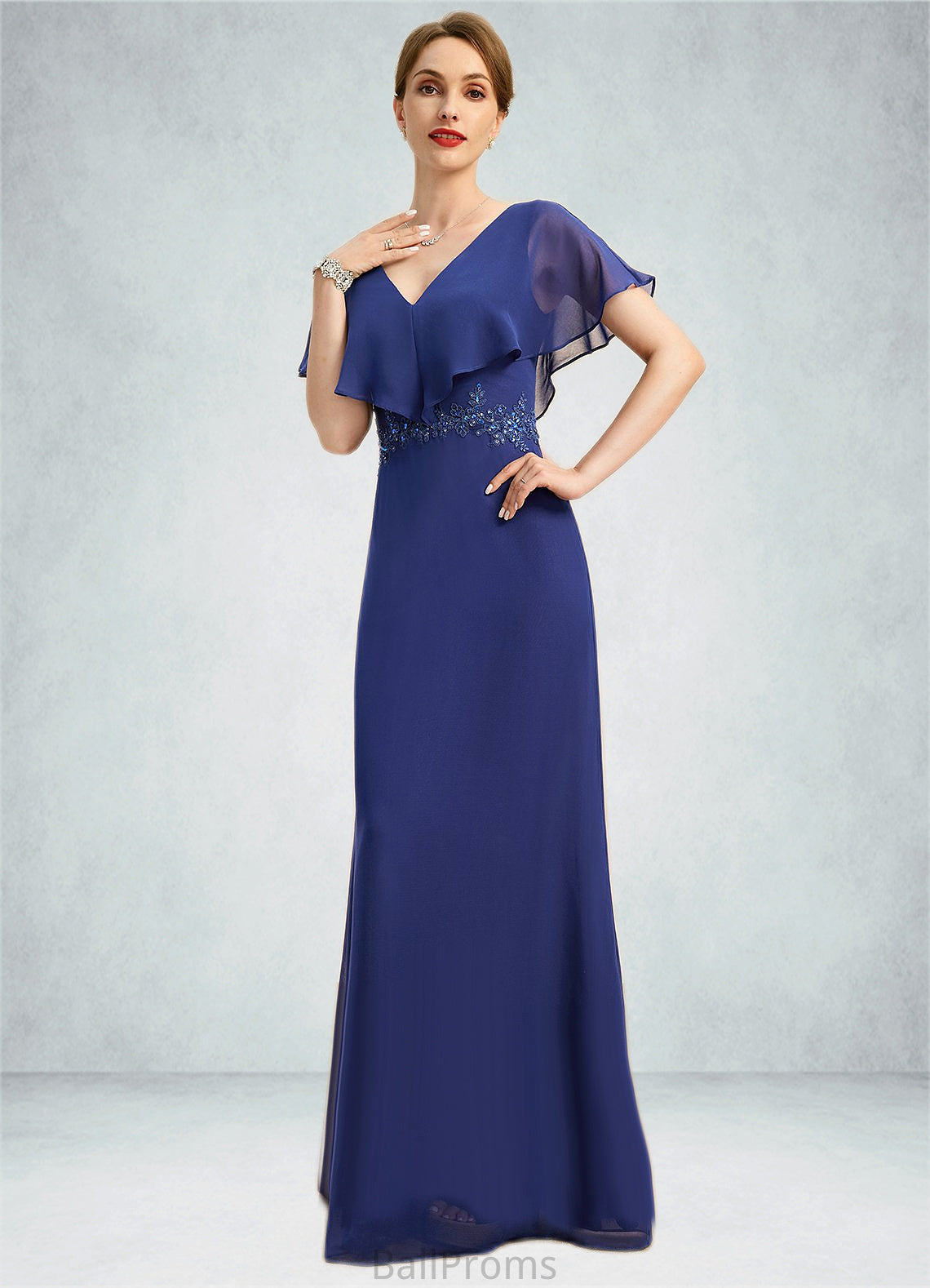 Tianna A-line V-Neck Floor-Length Chiffon Mother of the Bride Dress With Beading Appliques Lace Sequins HJP0021829