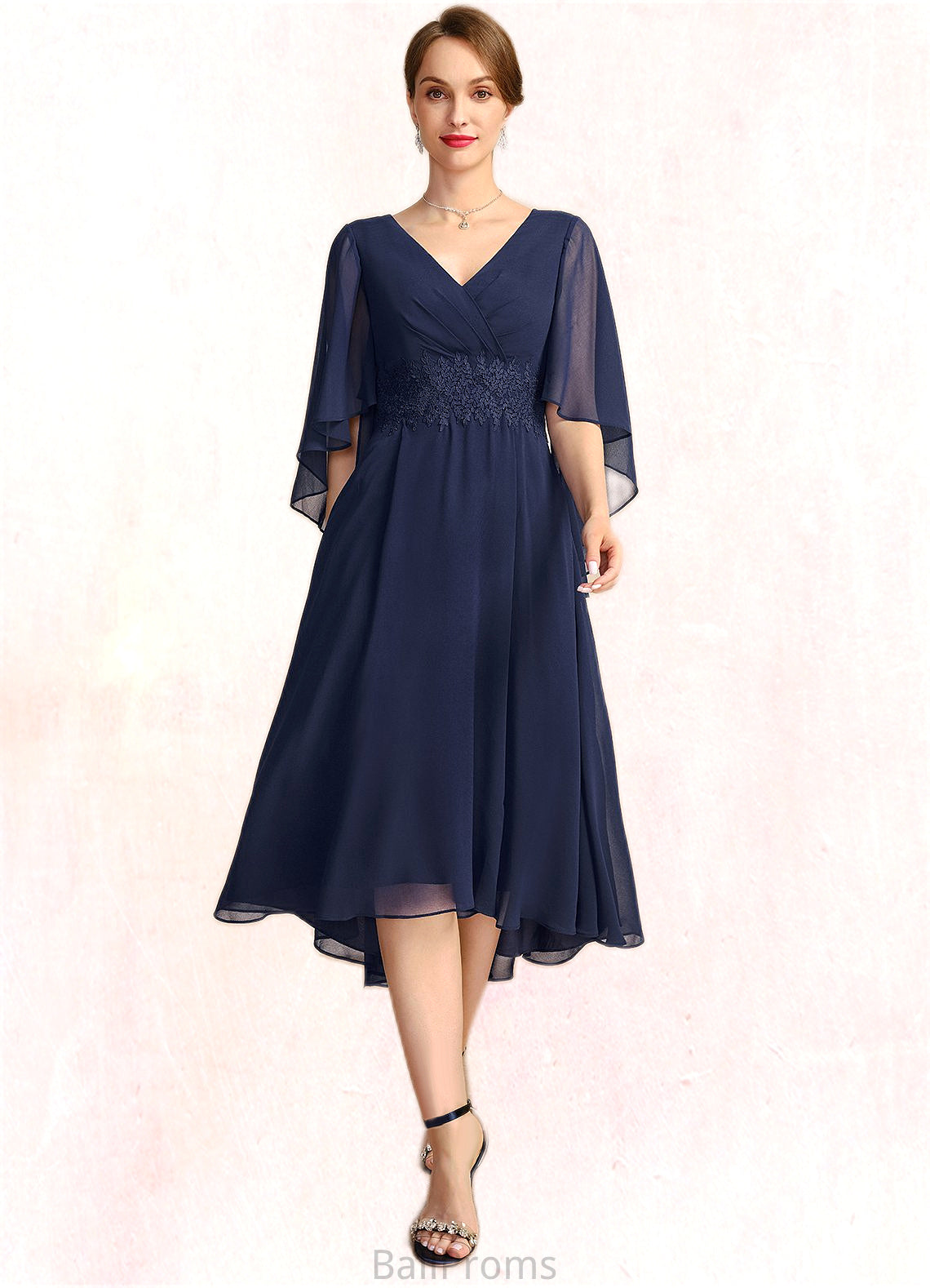 Kara A-line V-Neck Asymmetrical Chiffon Mother of the Bride Dress With Pleated Appliques Lace HJP0021845