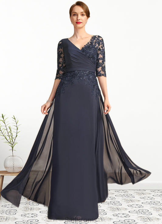 Zoe A-line V-Neck Floor-Length Chiffon Lace Mother of the Bride Dress With Pleated Sequins HJP0021880