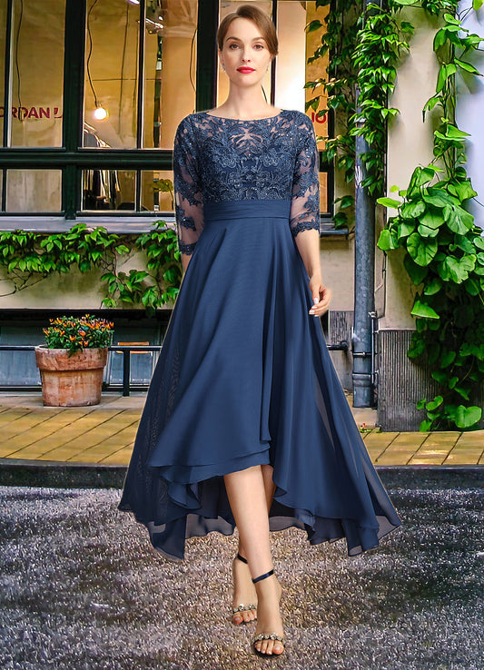 Yaretzi A-line Scoop Illusion Asymmetrical Chiffon Lace Mother of the Bride Dress With Sequins HJP0021887