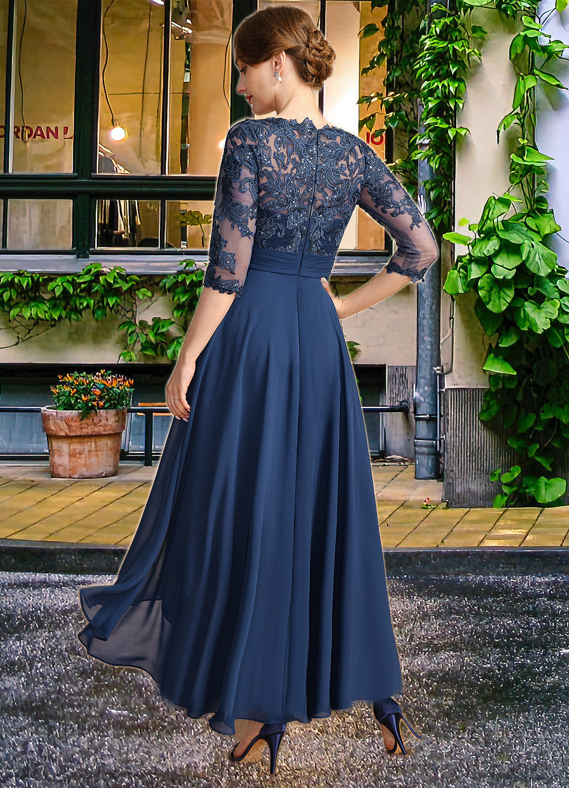 Yaretzi A-line Scoop Illusion Asymmetrical Chiffon Lace Mother of the Bride Dress With Sequins HJP0021887