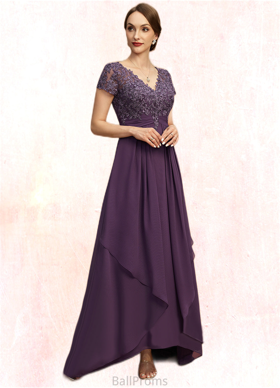 Kaylie A-line V-Neck Asymmetrical Chiffon Lace Mother of the Bride Dress With Cascading Ruffles HJP0021899