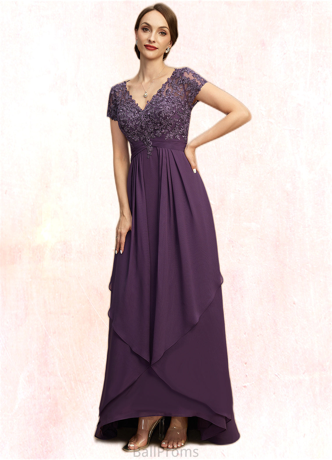 Kaylie A-line V-Neck Asymmetrical Chiffon Lace Mother of the Bride Dress With Cascading Ruffles HJP0021899