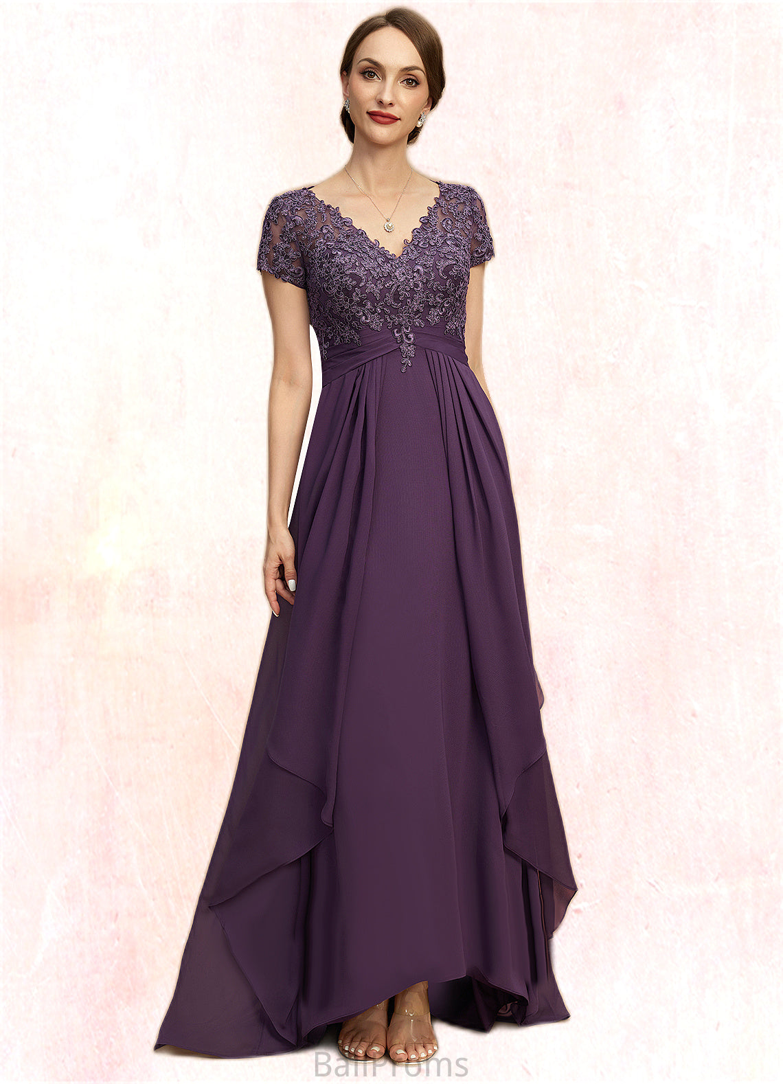 Kaylie A-line V-Neck Asymmetrical Chiffon Lace Mother of the Bride Dress With Cascading Ruffles HJP0021899