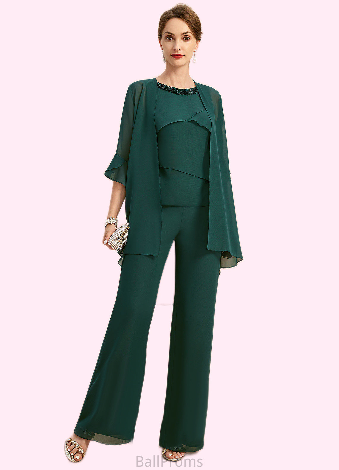 Willow Jumpsuit/Pantsuit Separates Scoop Floor-Length Chiffon Mother of the Bride Dress With Beading Sequins HJP0021913