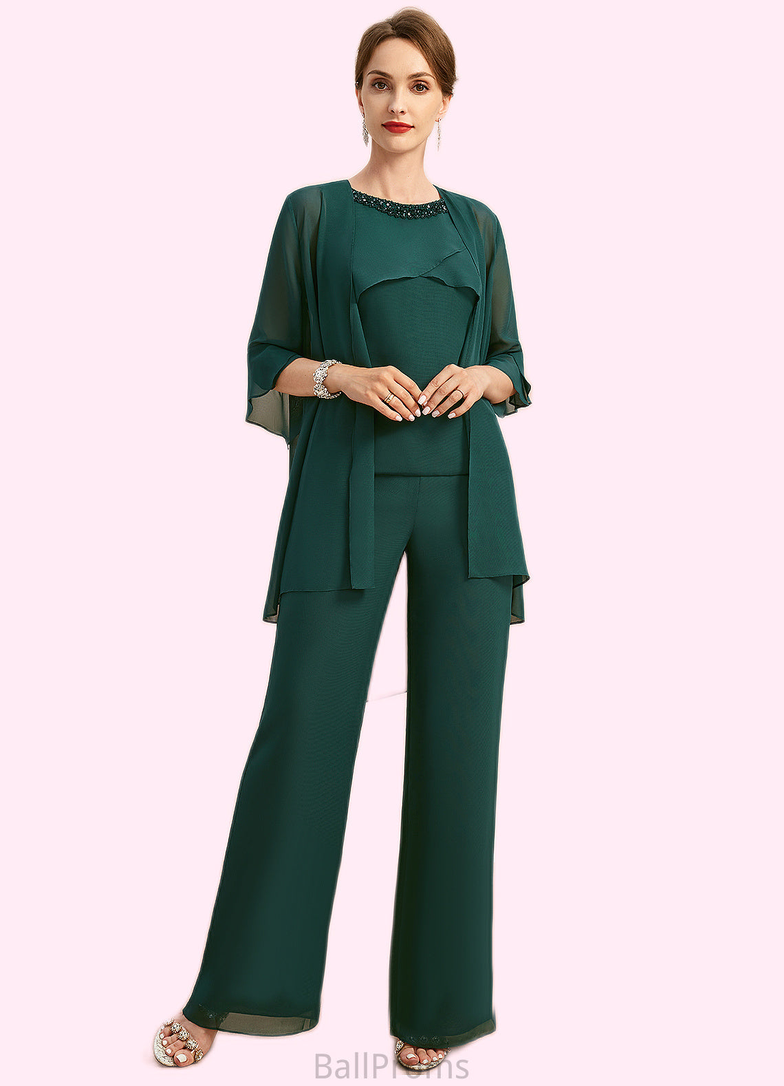 Willow Jumpsuit/Pantsuit Separates Scoop Floor-Length Chiffon Mother of the Bride Dress With Beading Sequins HJP0021913