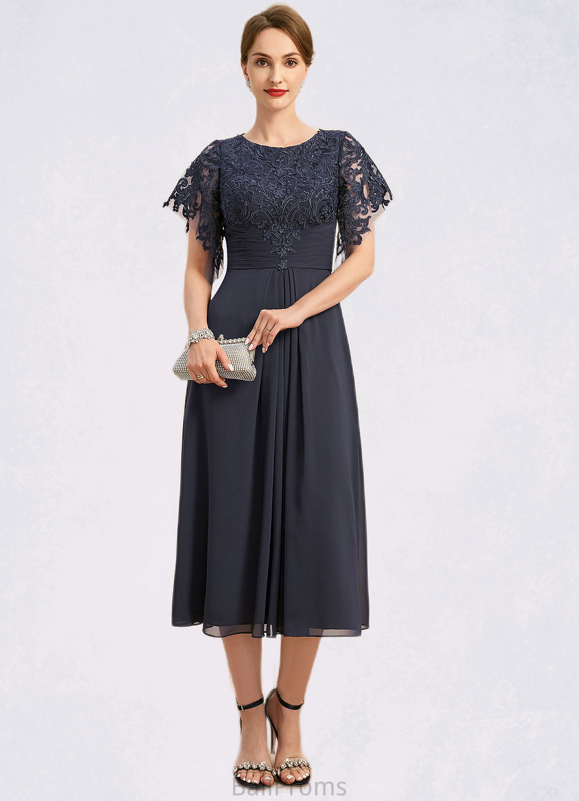 Rubi A-line Scoop Tea-Length Chiffon Lace Mother of the Bride Dress With Pleated HJP0021928