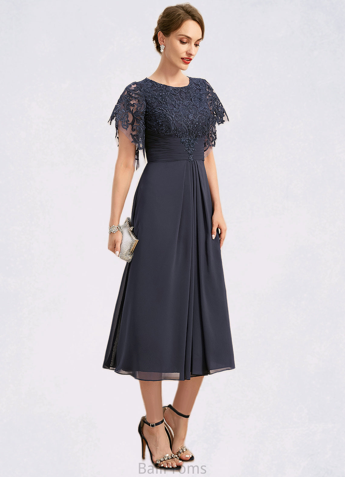 Rubi A-line Scoop Tea-Length Chiffon Lace Mother of the Bride Dress With Pleated HJP0021928