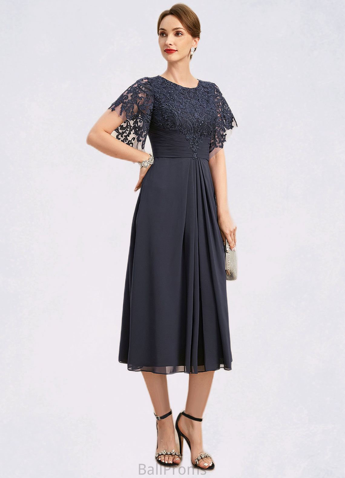 Rubi A-line Scoop Tea-Length Chiffon Lace Mother of the Bride Dress With Pleated HJP0021928