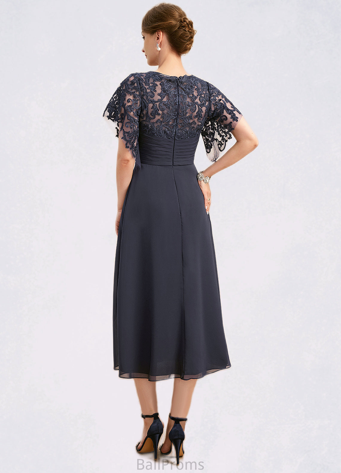 Rubi A-line Scoop Tea-Length Chiffon Lace Mother of the Bride Dress With Pleated HJP0021928