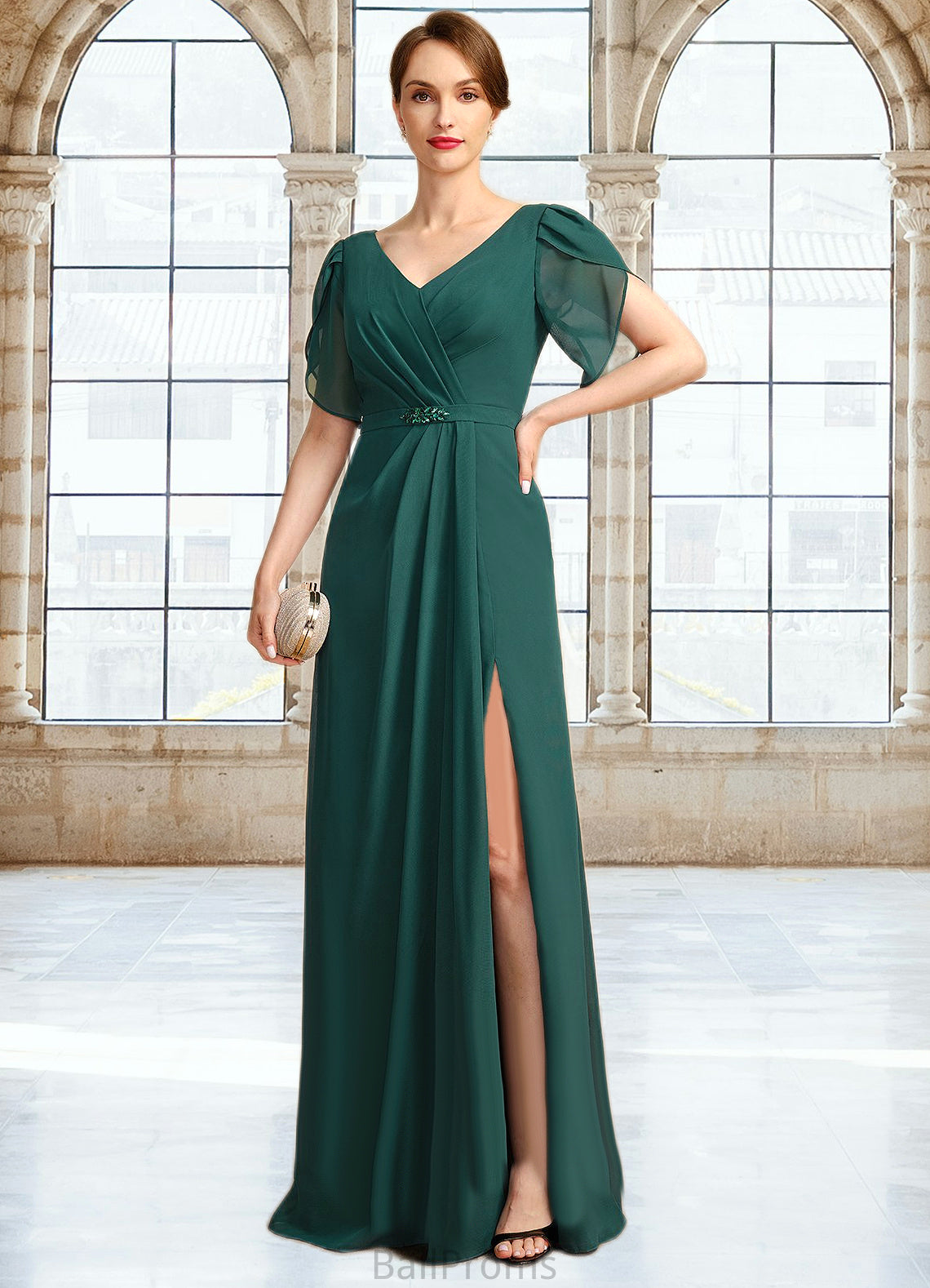 Quintina Sheath/Column V-Neck Floor-Length Chiffon Mother of the Bride Dress With Beading Pleated HJP0021949