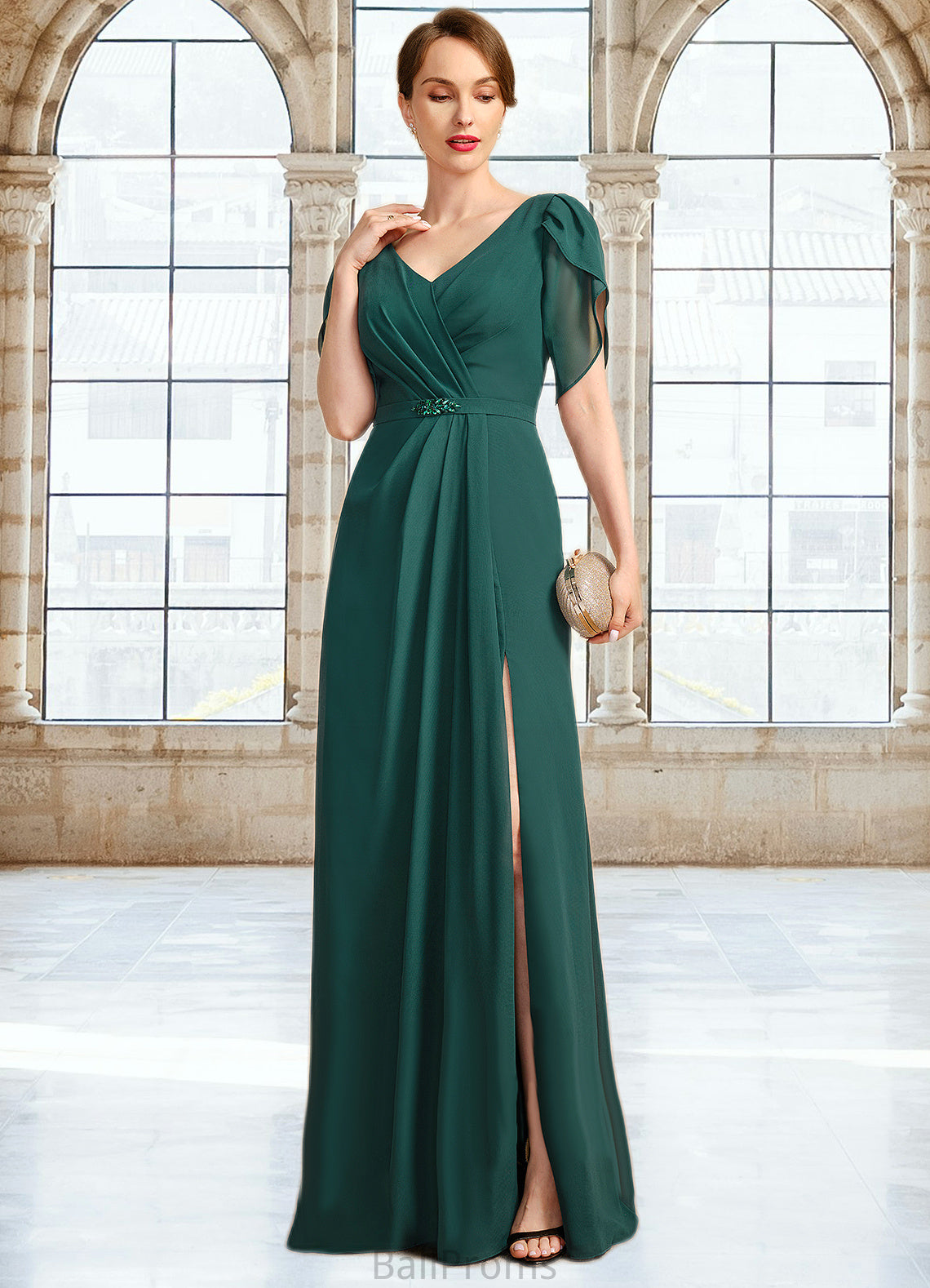 Quintina Sheath/Column V-Neck Floor-Length Chiffon Mother of the Bride Dress With Beading Pleated HJP0021949