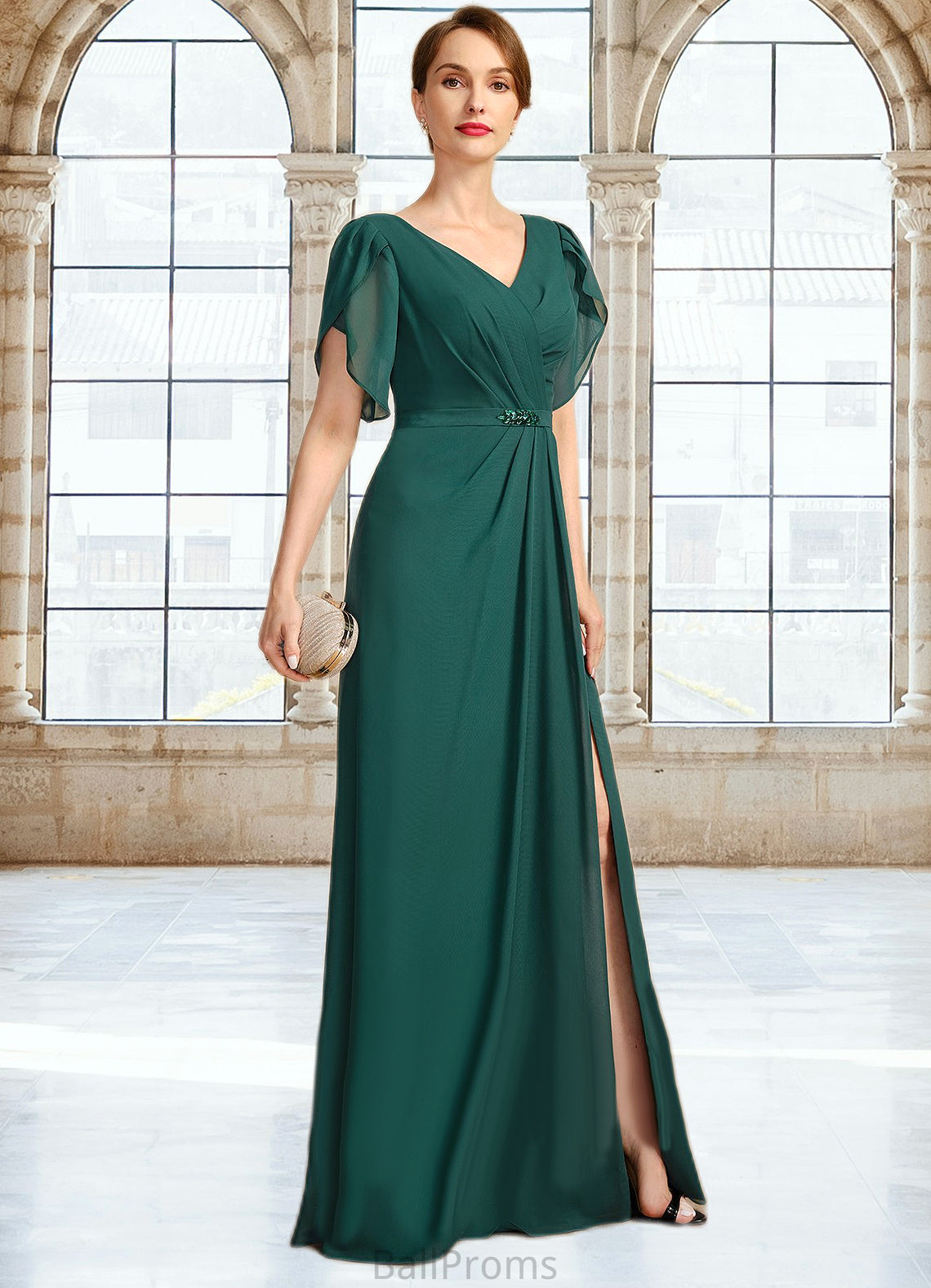 Quintina Sheath/Column V-Neck Floor-Length Chiffon Mother of the Bride Dress With Beading Pleated HJP0021949