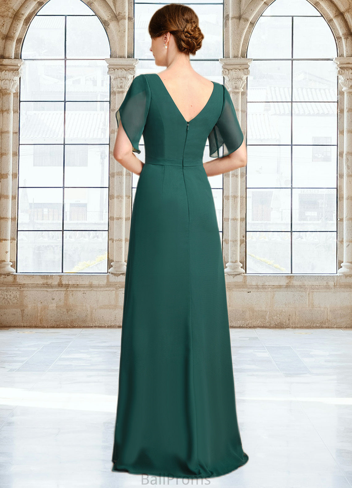 Quintina Sheath/Column V-Neck Floor-Length Chiffon Mother of the Bride Dress With Beading Pleated HJP0021949