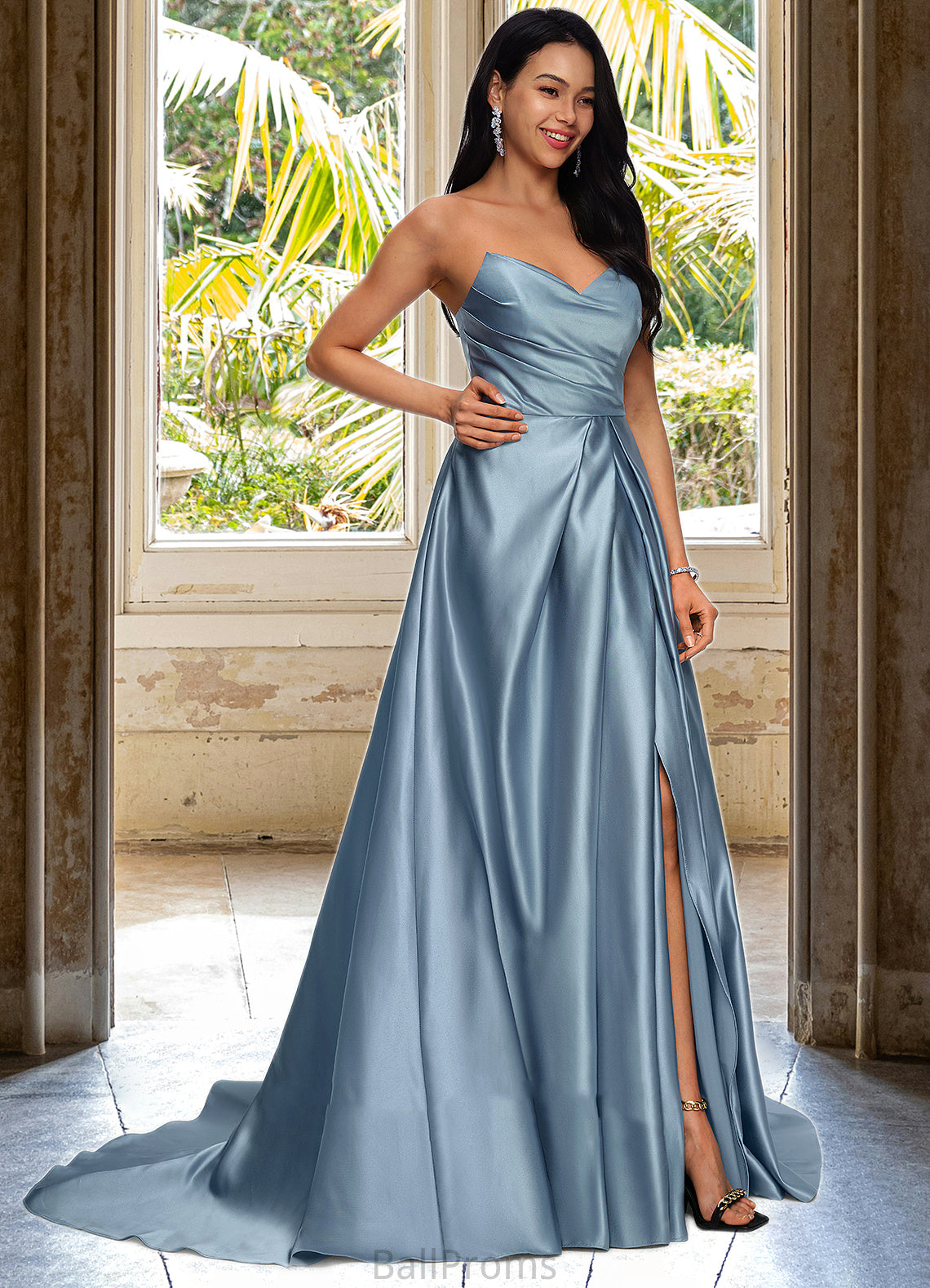 Kendal Ball-Gown/Princess V-Neck Sweep Train Satin Prom Dresses HJP0022191