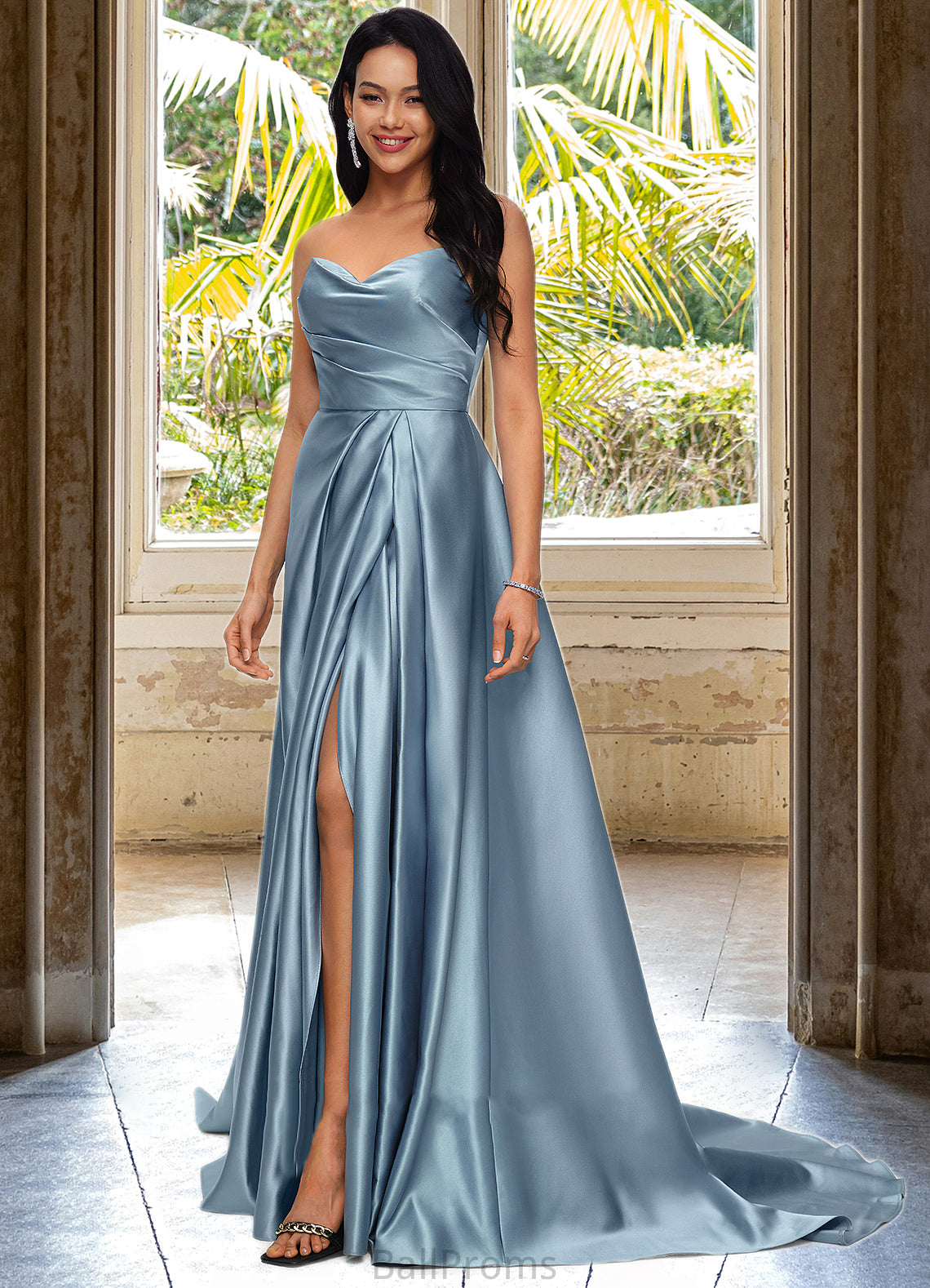 Kendal Ball-Gown/Princess V-Neck Sweep Train Satin Prom Dresses HJP0022191