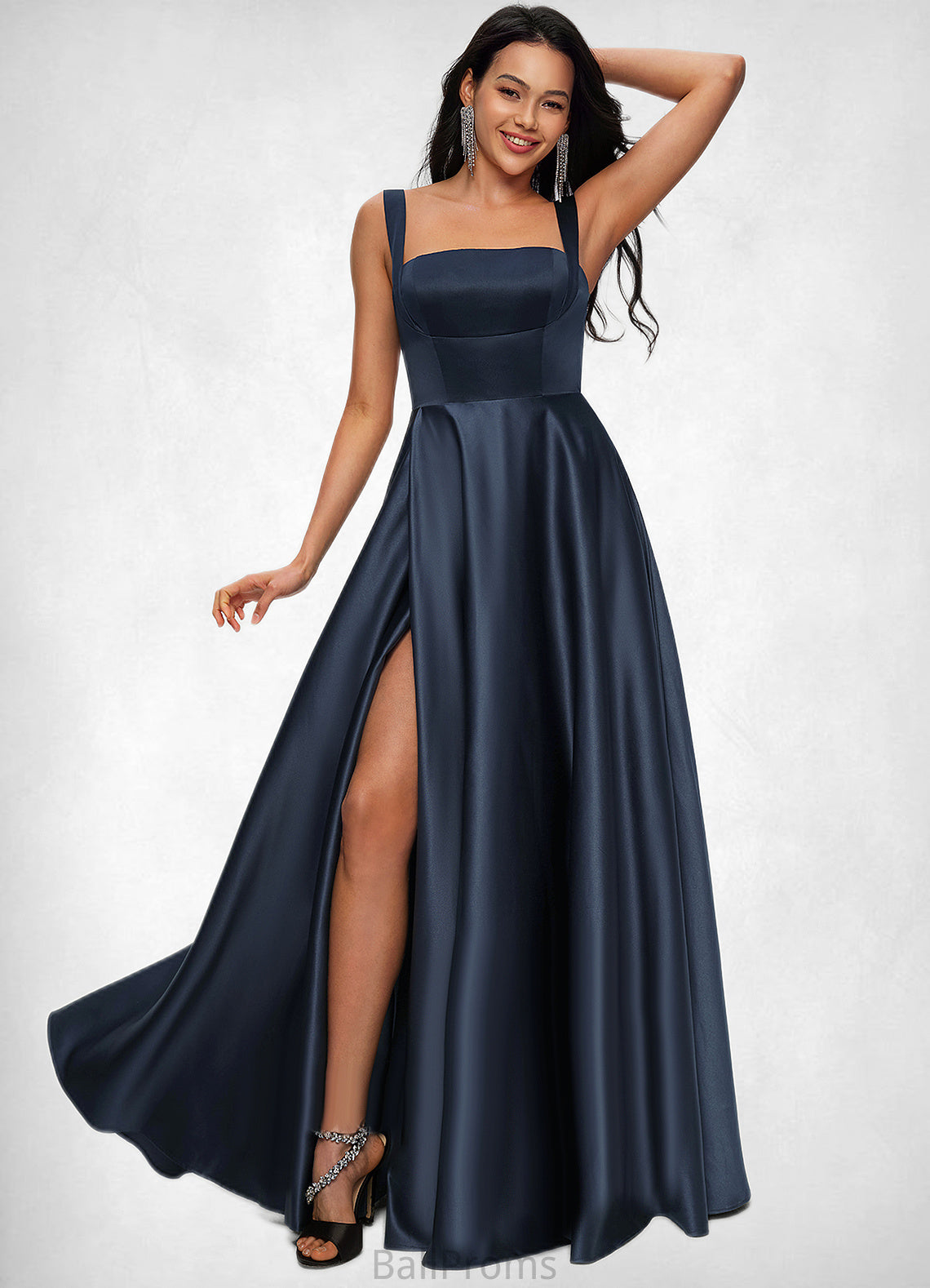 Maria A-line Straight Floor-Length Satin Prom Dresses With Bow HJP0022195