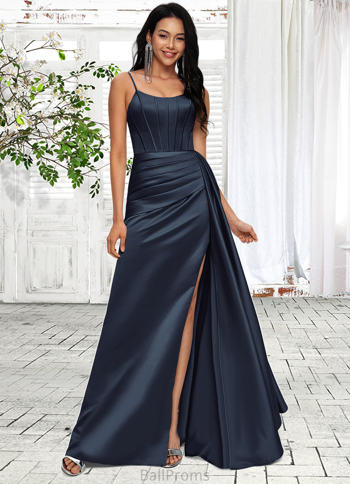 Esmeralda Sheath/Column Scoop Floor-Length Satin Prom Dresses HJP0022196