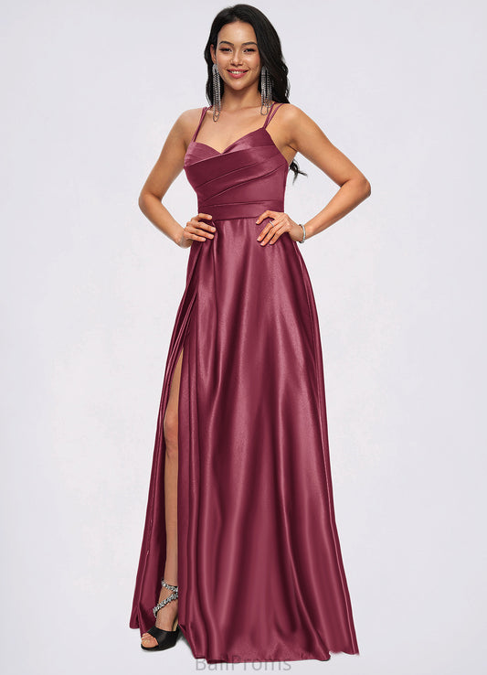 Iliana A-line V-Neck Floor-Length Satin Prom Dresses HJP0022197