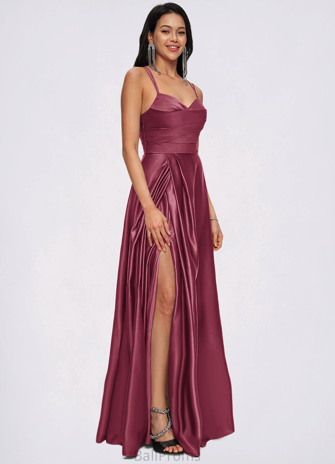 Iliana A-line V-Neck Floor-Length Satin Prom Dresses HJP0022197