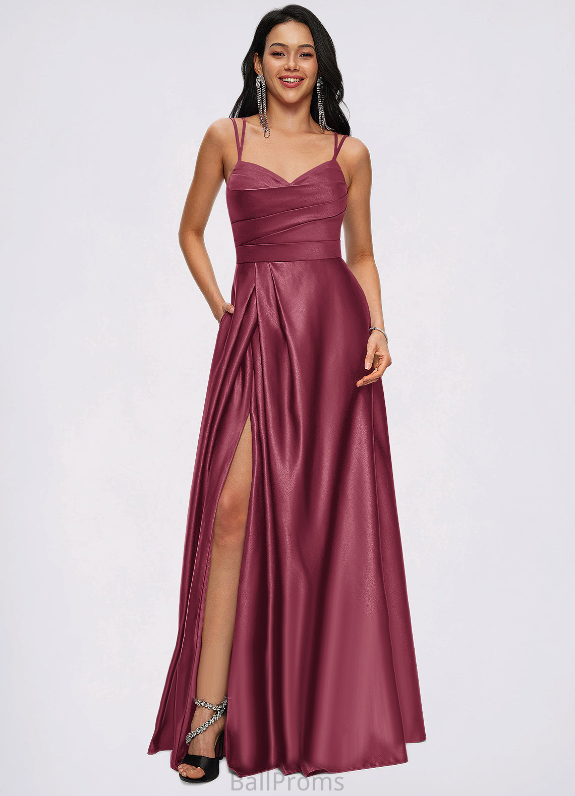 Iliana A-line V-Neck Floor-Length Satin Prom Dresses HJP0022197