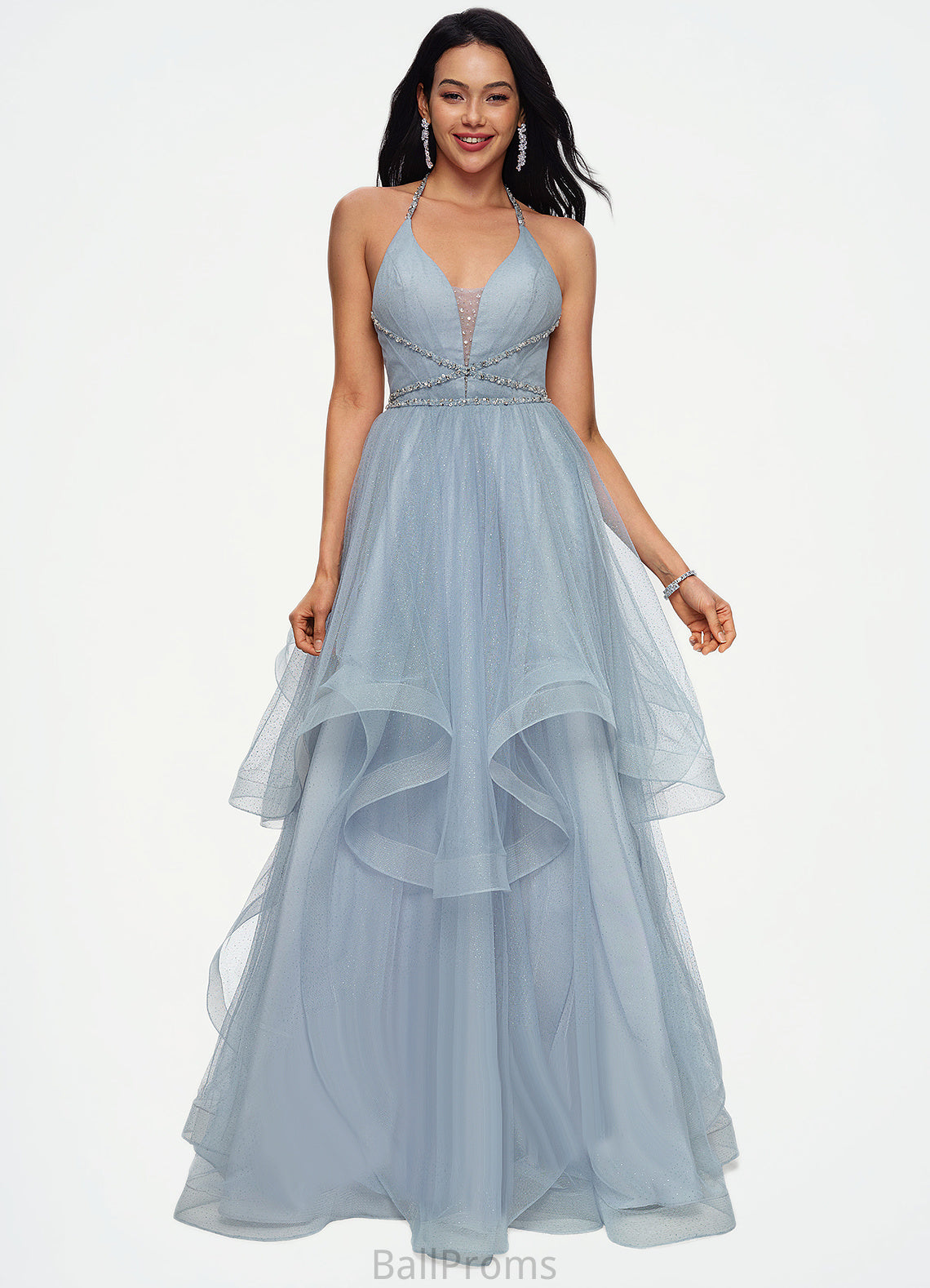 Averi Ball-Gown/Princess Halter V-Neck Floor-Length Tulle Prom Dresses With Beading Rhinestone Sequins HJP0022199