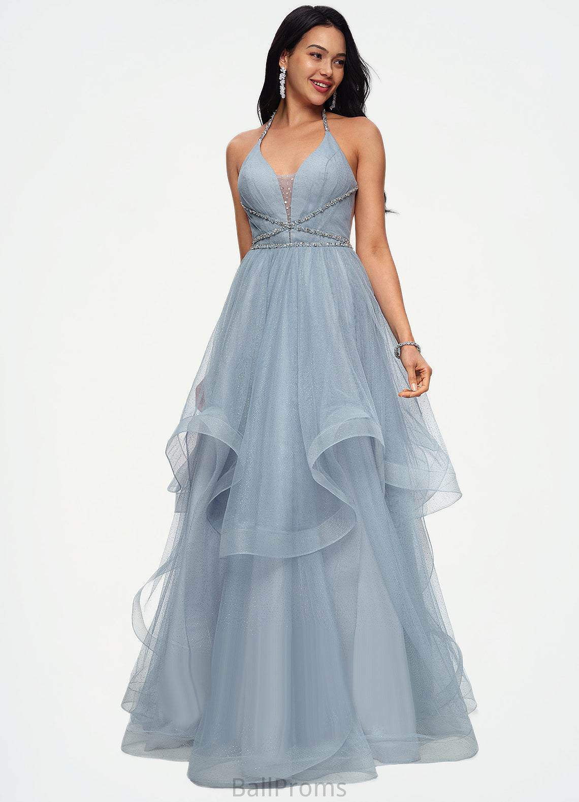 Averi Ball-Gown/Princess Halter V-Neck Floor-Length Tulle Prom Dresses With Beading Rhinestone Sequins HJP0022199