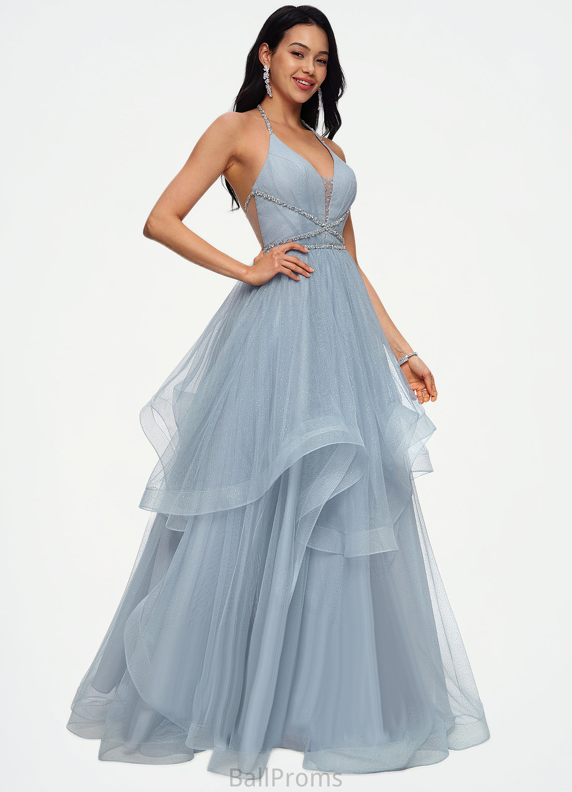 Averi Ball-Gown/Princess Halter V-Neck Floor-Length Tulle Prom Dresses With Beading Rhinestone Sequins HJP0022199