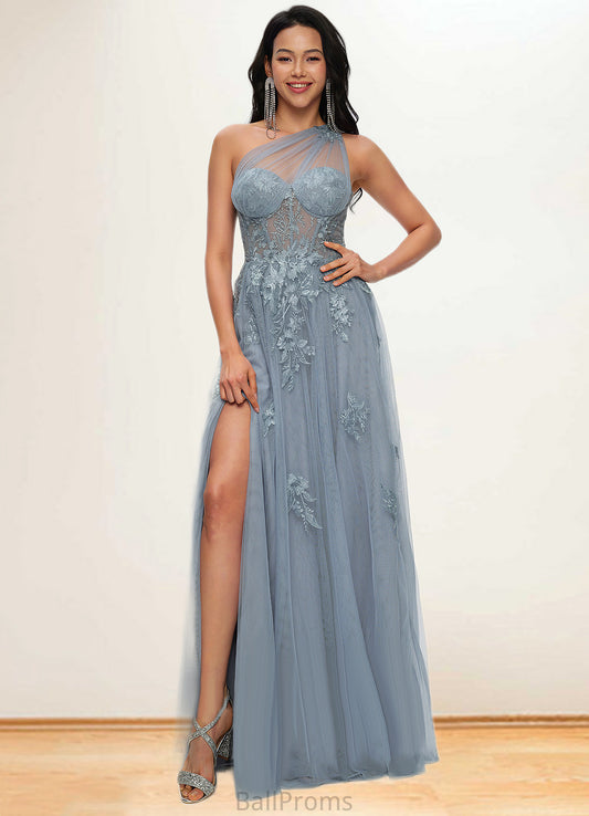 Melody A-line One Shoulder Floor-Length Tulle Prom Dresses With Appliques Lace Sequins HJP0022200