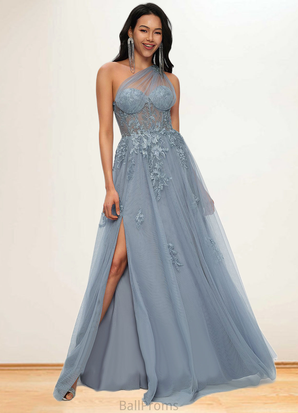 Melody A-line One Shoulder Floor-Length Tulle Prom Dresses With Appliques Lace Sequins HJP0022200