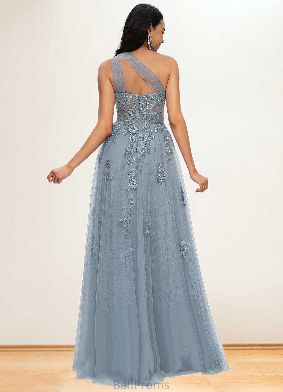 Melody A-line One Shoulder Floor-Length Tulle Prom Dresses With Appliques Lace Sequins HJP0022200