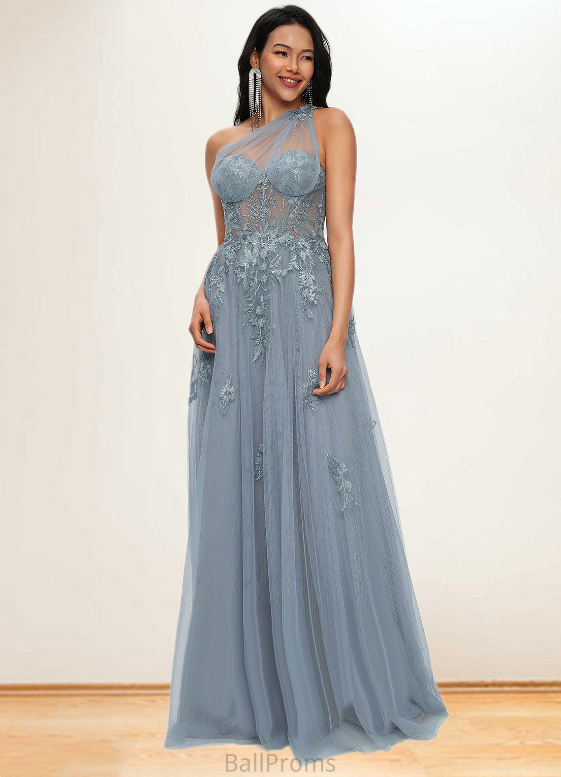 Melody A-line One Shoulder Floor-Length Tulle Prom Dresses With Appliques Lace Sequins HJP0022200