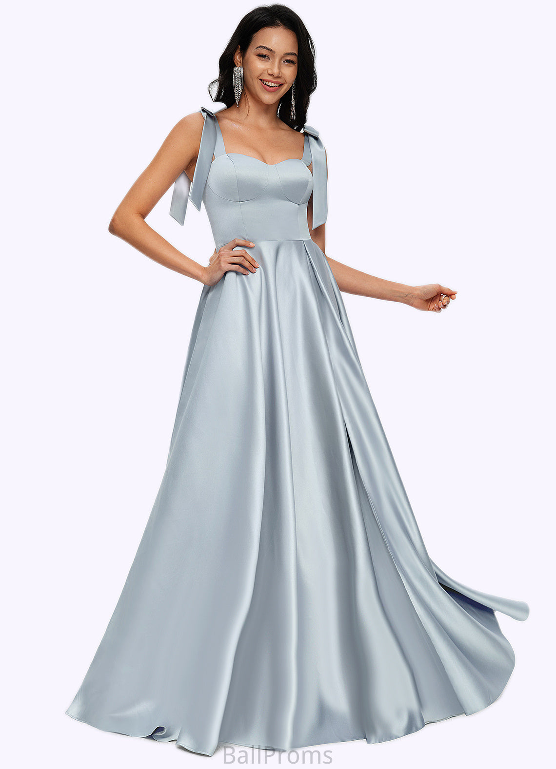 Reyna A-line Sweetheart Sweep Train Satin Prom Dresses With Bow HJP0022203