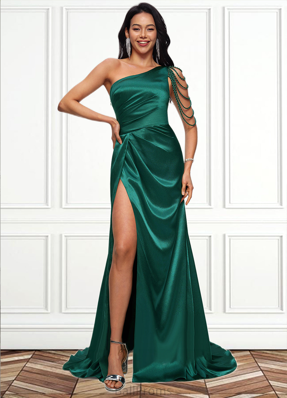 Michaelia Trumpet/Mermaid One Shoulder Sweep Train Stretch Satin Prom Dresses With Beading HJP0022205