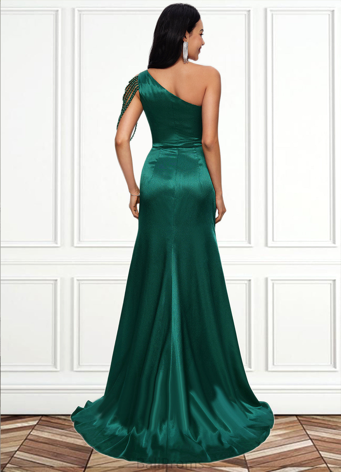 Michaelia Trumpet/Mermaid One Shoulder Sweep Train Stretch Satin Prom Dresses With Beading HJP0022205