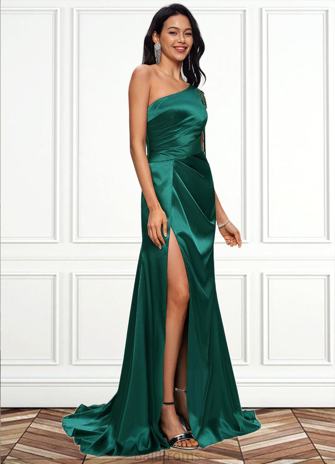 Michaelia Trumpet/Mermaid One Shoulder Sweep Train Stretch Satin Prom Dresses With Beading HJP0022205