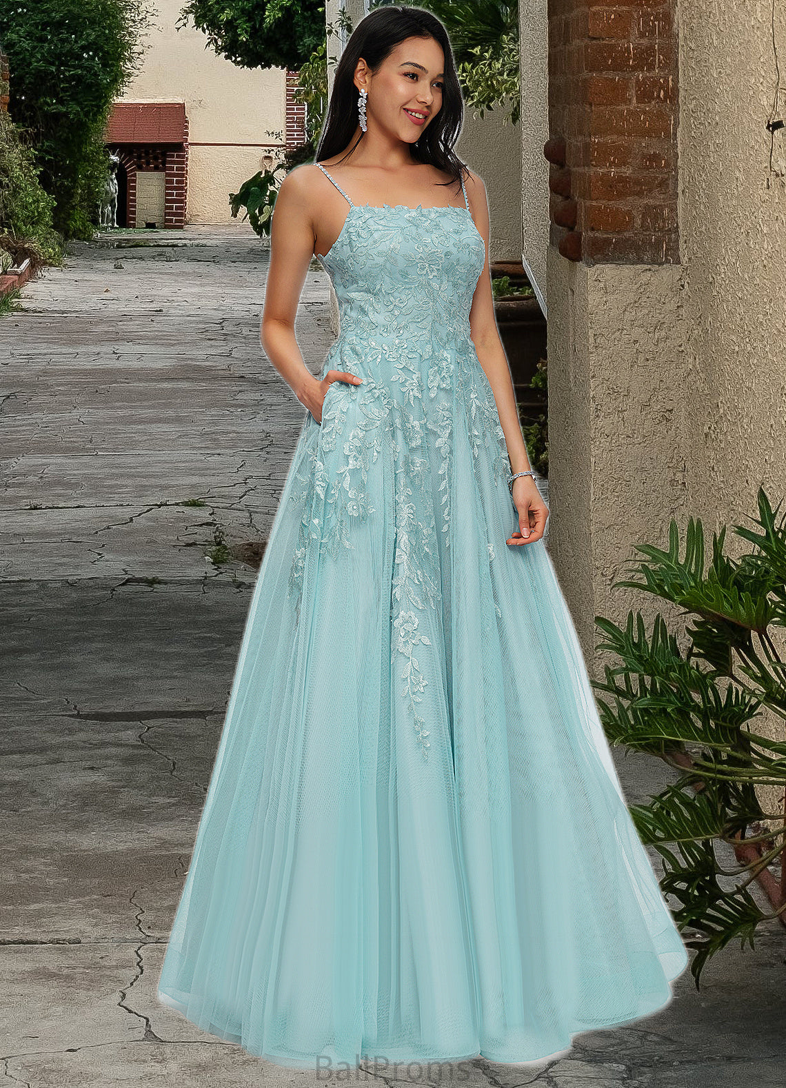 Aylin Ball-Gown/Princess Straight Floor-Length Tulle Prom Dresses With Appliques Lace Sequins HJP0022206