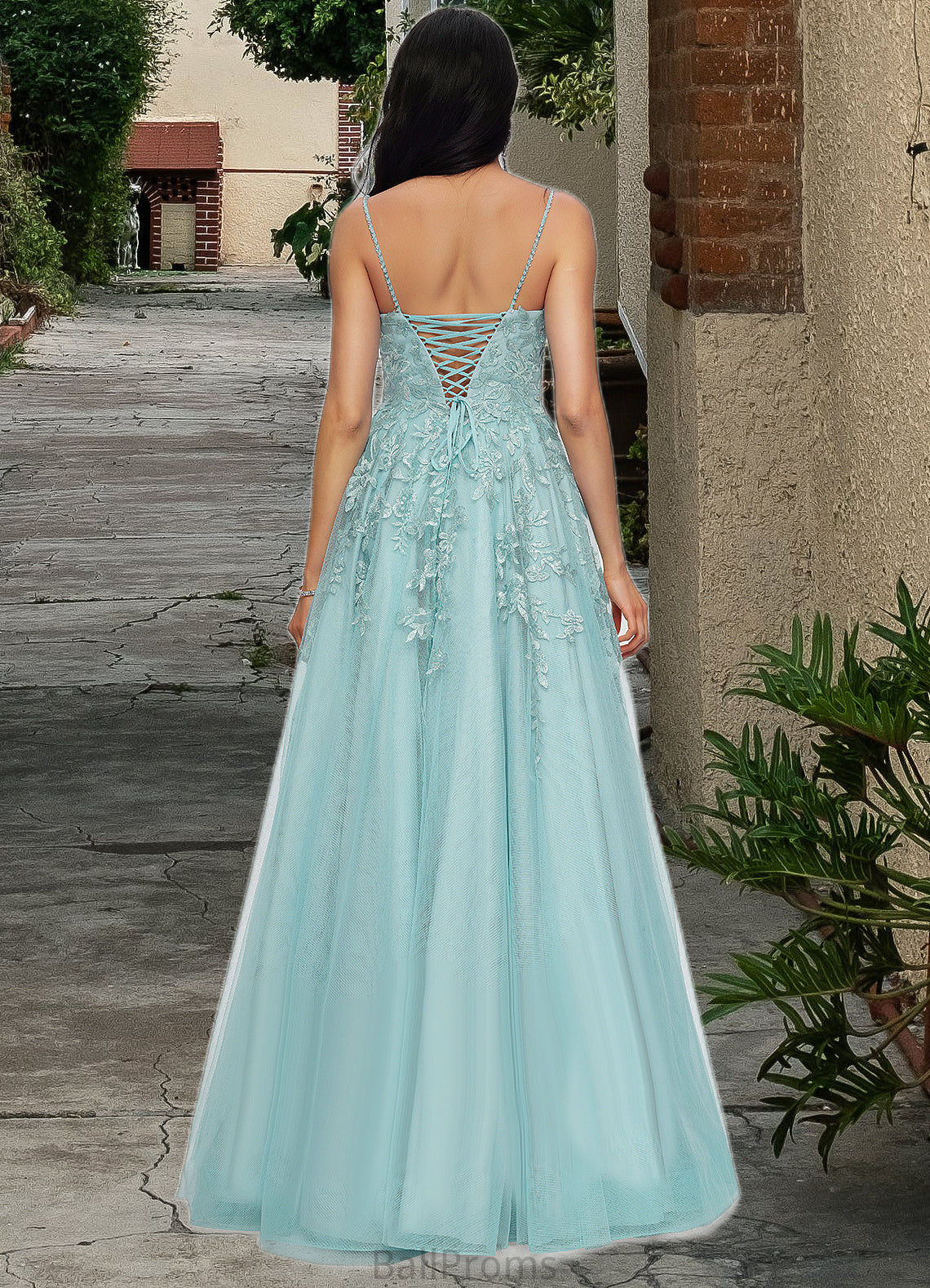 Aylin Ball-Gown/Princess Straight Floor-Length Tulle Prom Dresses With Appliques Lace Sequins HJP0022206