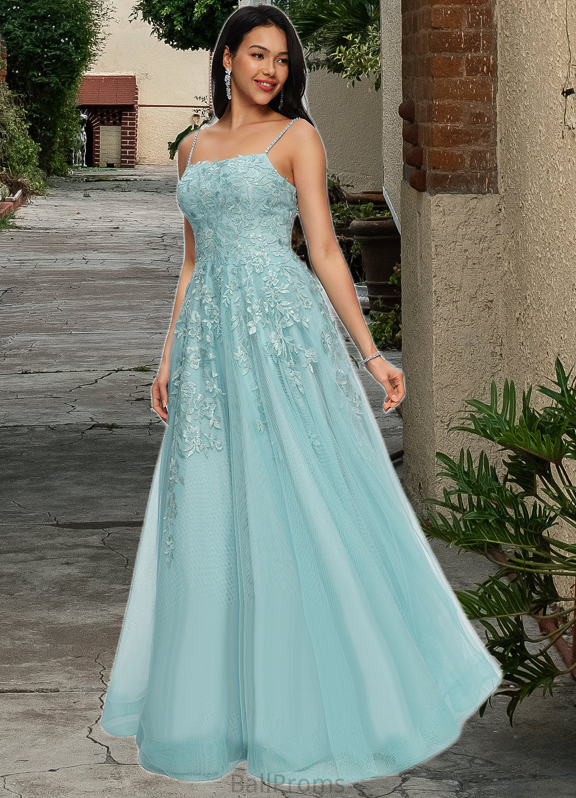 Aylin Ball-Gown/Princess Straight Floor-Length Tulle Prom Dresses With Appliques Lace Sequins HJP0022206