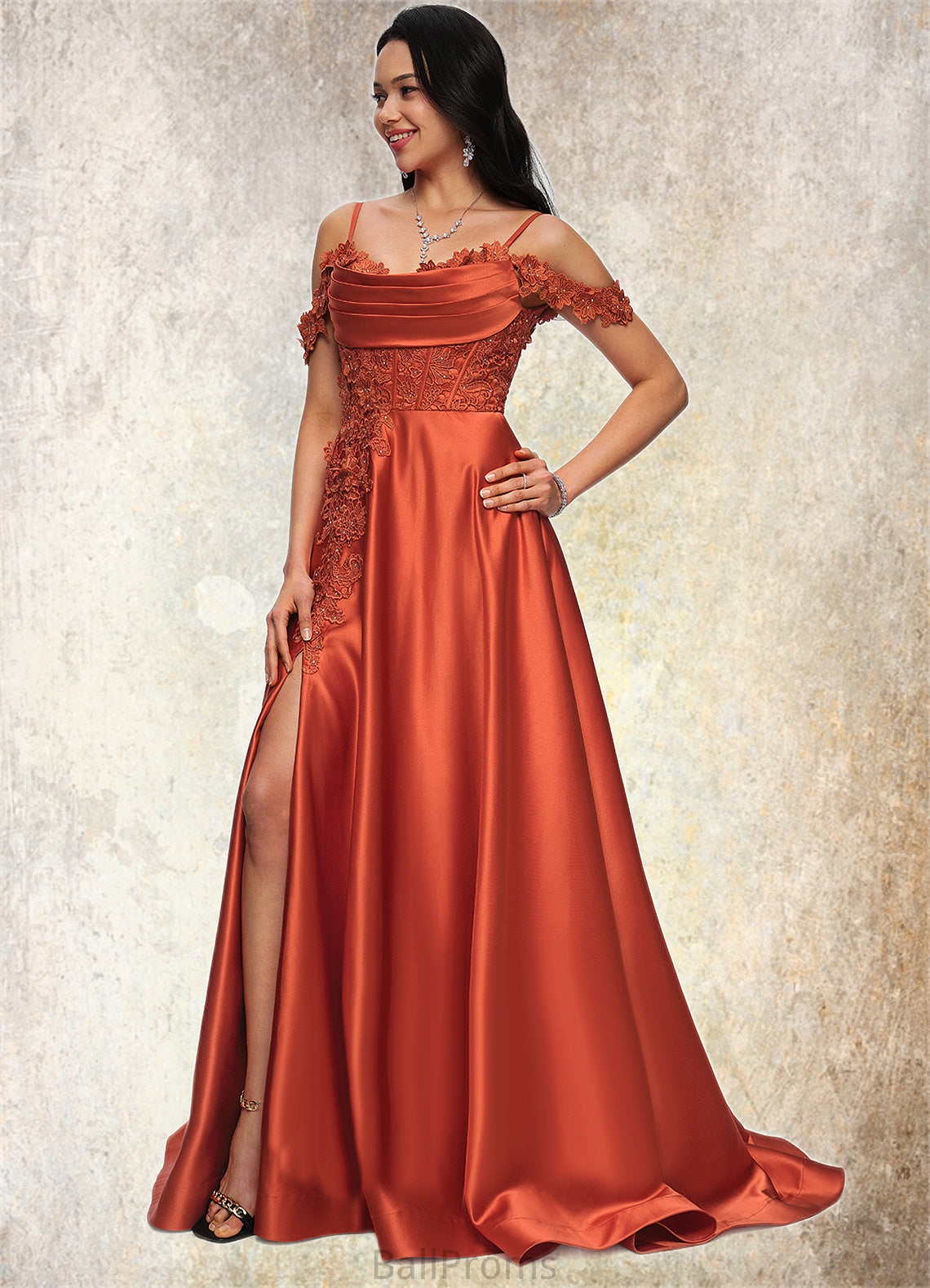 Josie A-line Off the Shoulder Sweep Train Satin Prom Dresses With Rhinestone HJP0022208