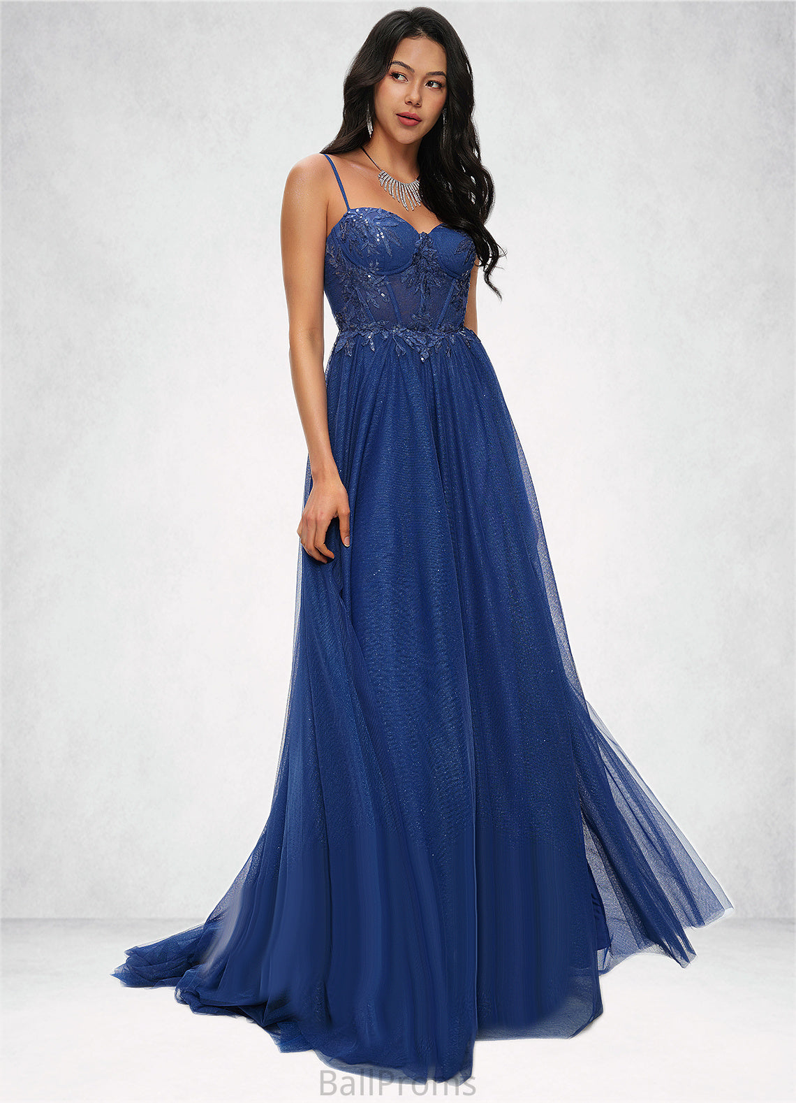 Alexis Ball-Gown/Princess Sweetheart Sweep Train Tulle Prom Dresses With Appliques Lace Sequins HJP0022210