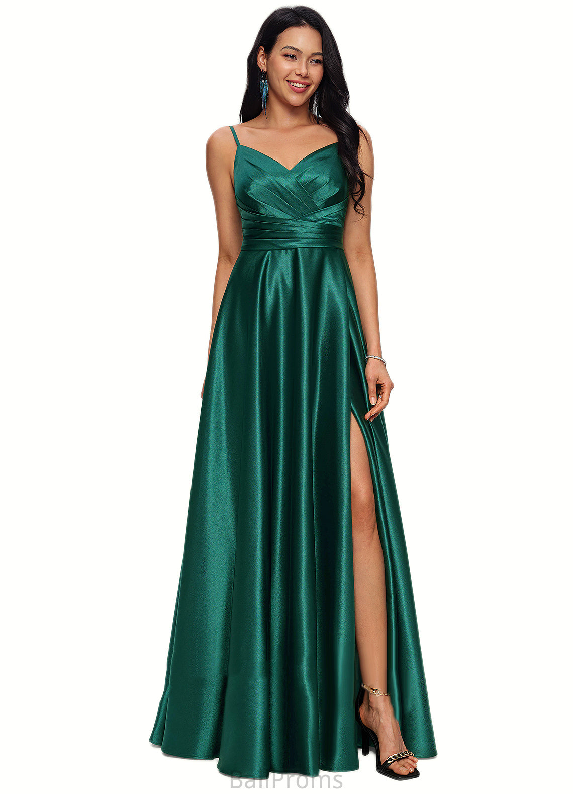 Sanai A-line V-Neck Floor-Length Stretch Satin Prom Dresses HJP0022211