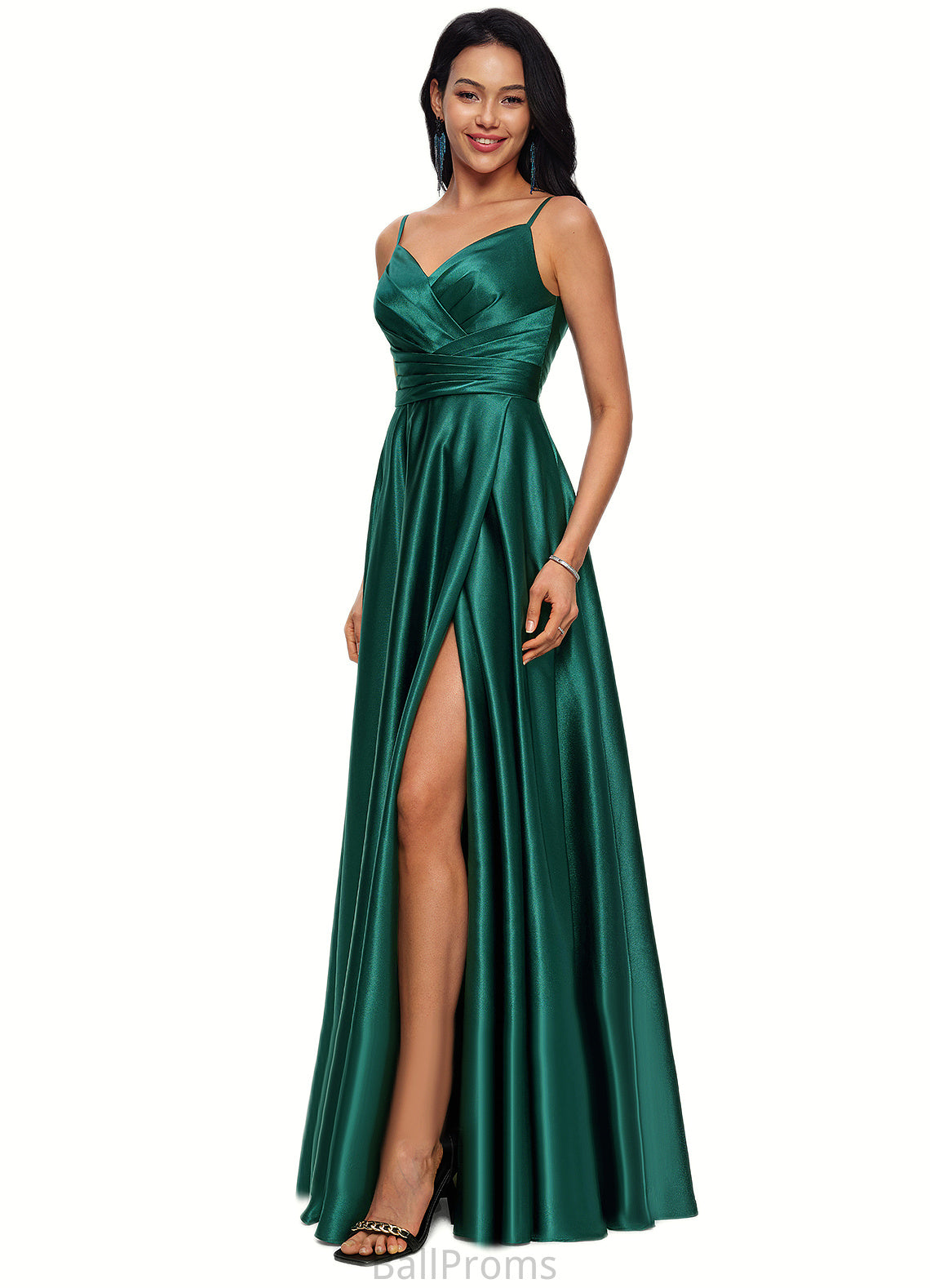 Sanai A-line V-Neck Floor-Length Stretch Satin Prom Dresses HJP0022211