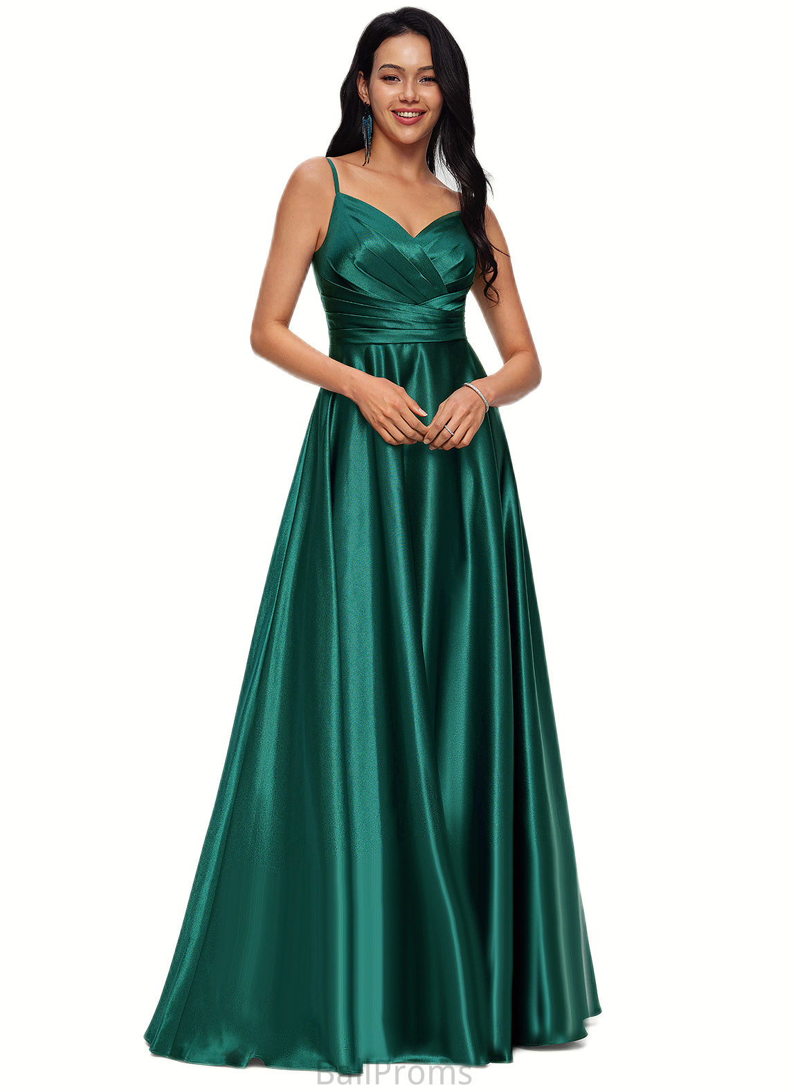 Sanai A-line V-Neck Floor-Length Stretch Satin Prom Dresses HJP0022211