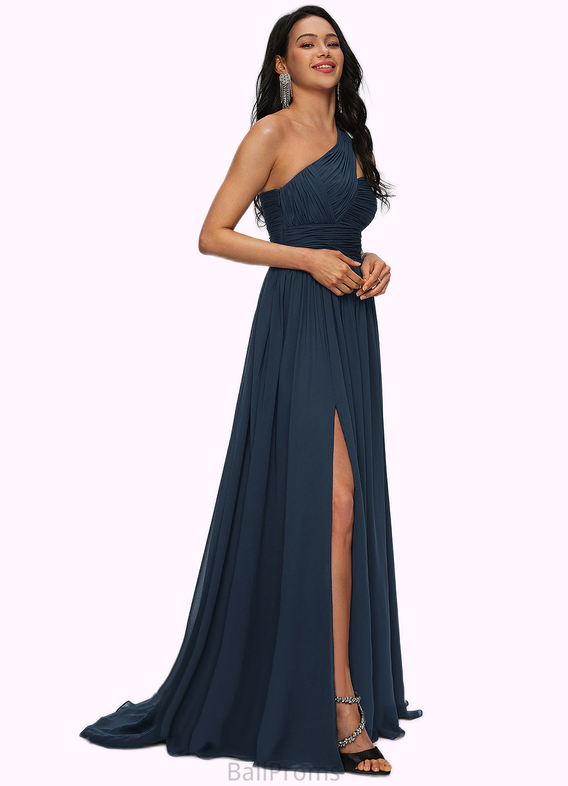 Amber A-line Asymmetrical Sweep Train Chiffon Prom Dresses With Pleated HJP0022212