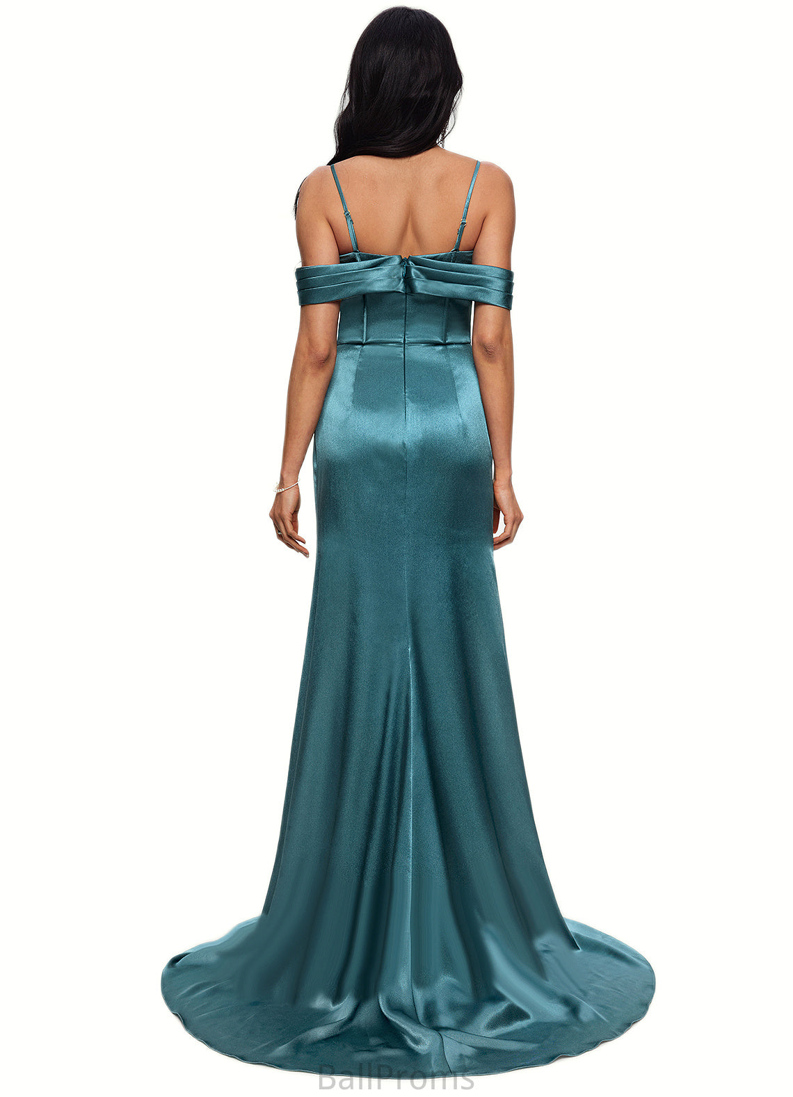 Skyler Trumpet/Mermaid V-Neck Sweep Train Stretch Satin Prom Dresses With Beading Rhinestone Sequins HJP0022213