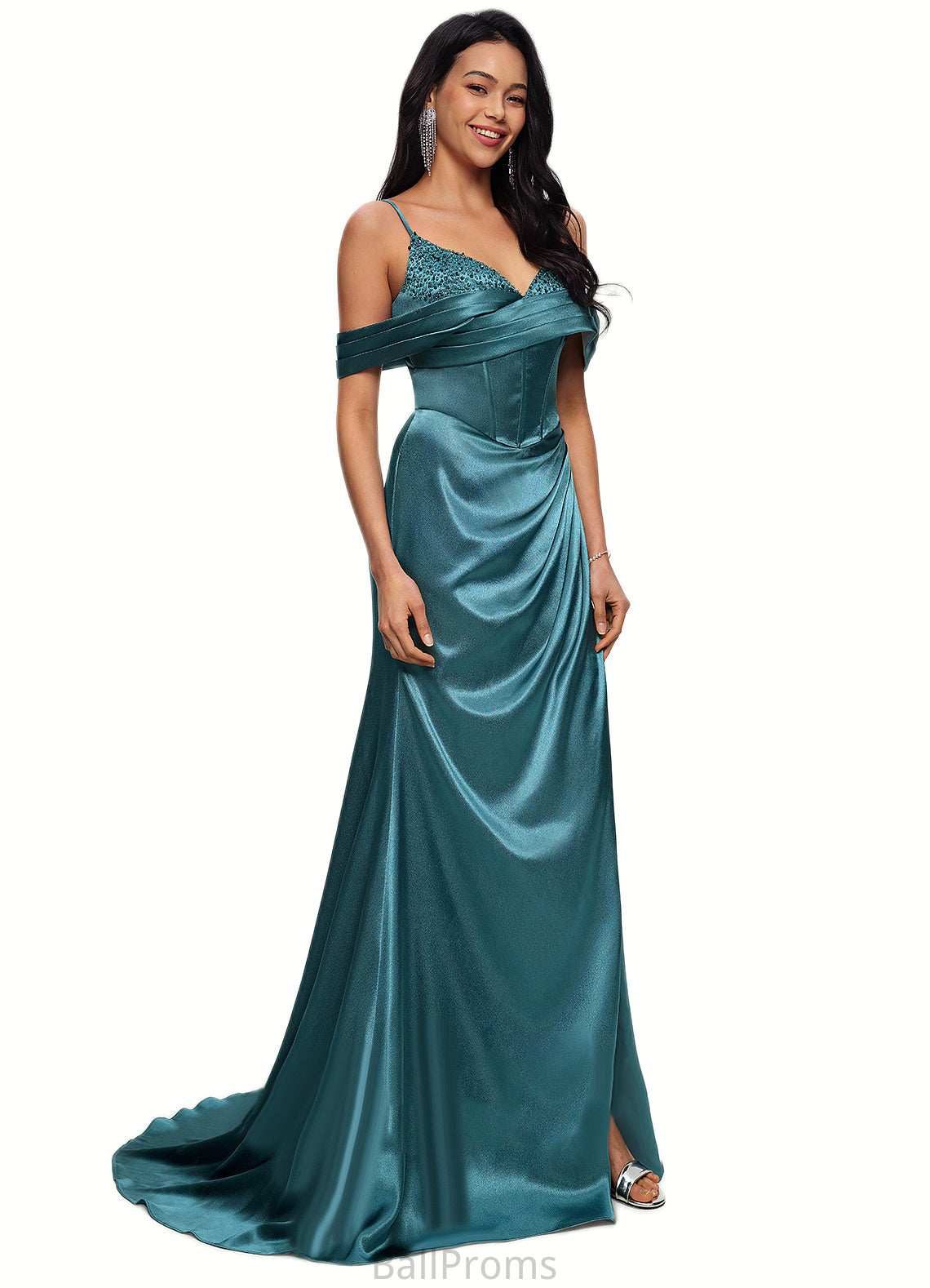 Skyler Trumpet/Mermaid V-Neck Sweep Train Stretch Satin Prom Dresses With Beading Rhinestone Sequins HJP0022213